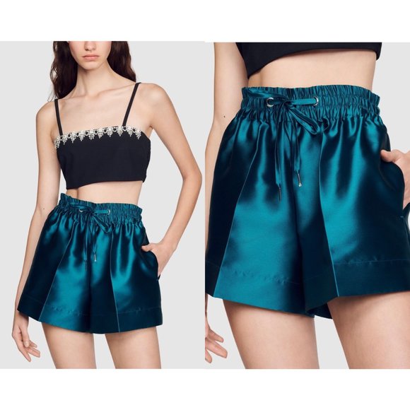 NWOT Sandro hoki satiny silk blend wide leg highwaist shorts with pockets ⭐️